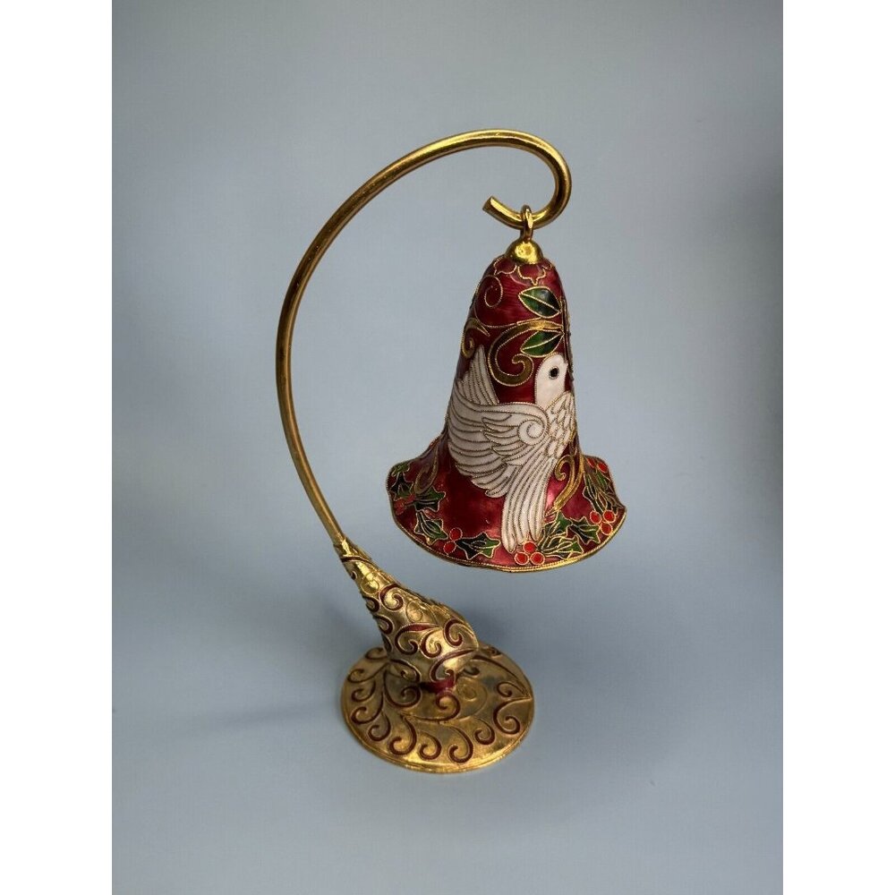 Vintage Musical Cloisonne Dove Christmas Bell Hanging Ornament w/Cloisonne Stand